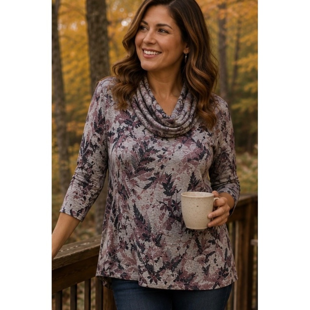 Catherines Womens Cowl Neck Top Grey Purple 0X Floral Fern Print 3/4 Sleeve‎